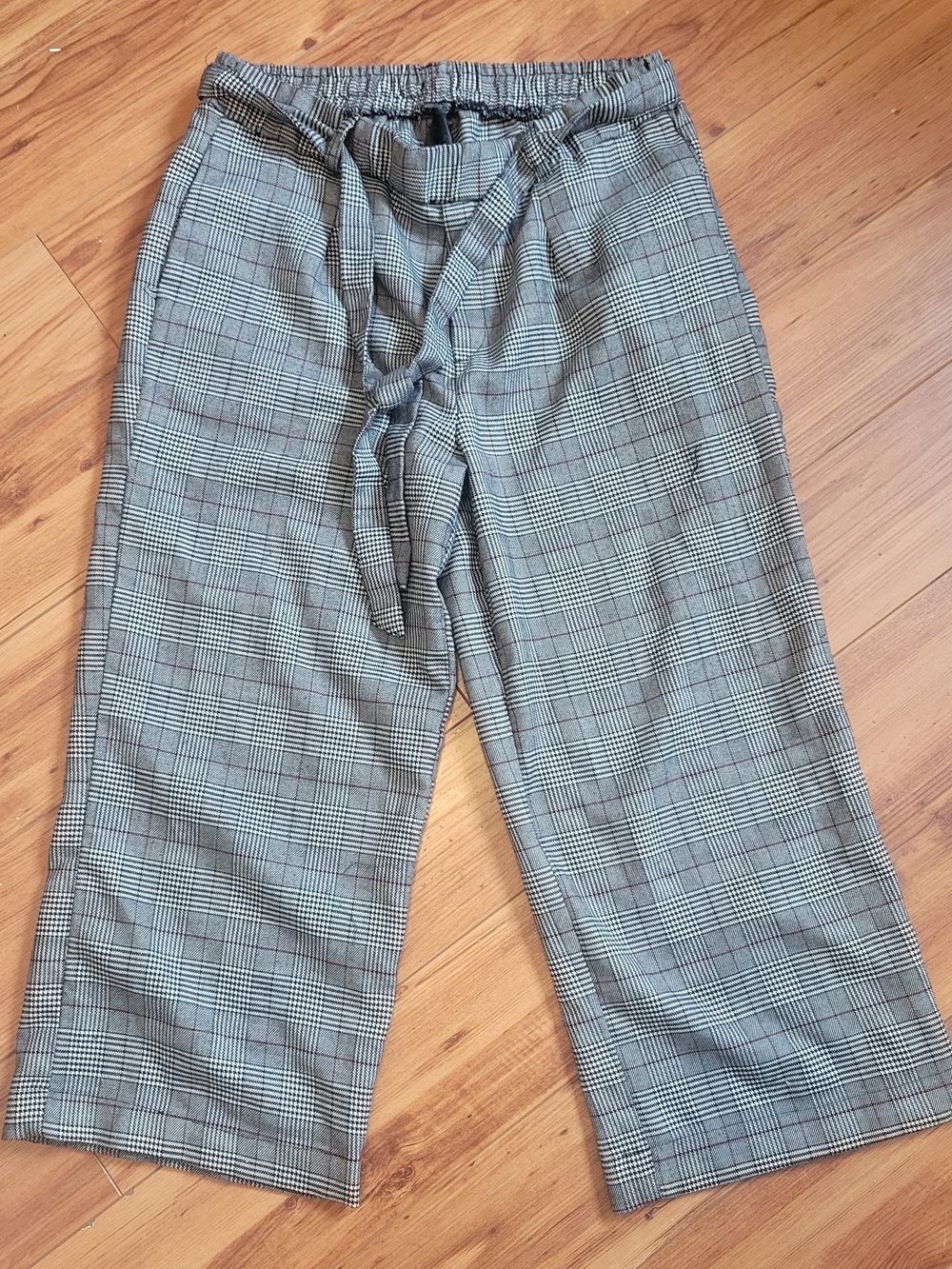 High-Waist Plaid Tie-Waist Wide Leg Pants - Gray Plaid
